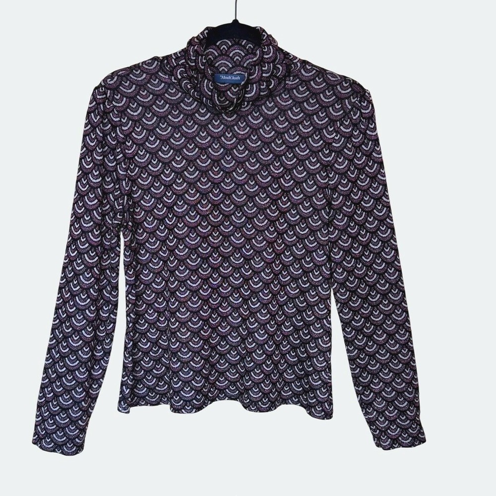 Modcloth Retro Geometric Scallop Print Turtleneck Top Sz L Black Purple Mod 60s